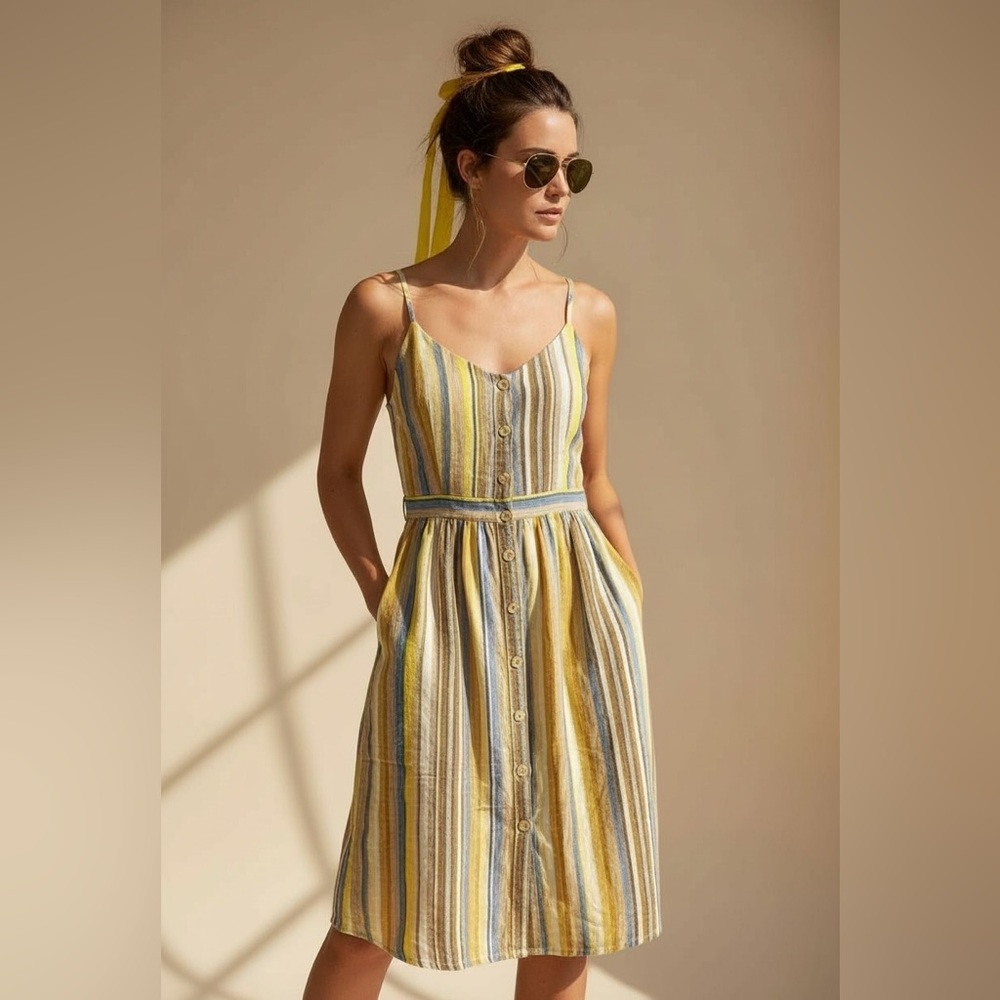 Heyton Linen‎ Large Striped Button Front Midi Dress Sleeveless Casual Sundress